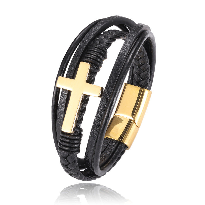 Braided Stainless Steel Cross Bracelet - Multi-Layer Design