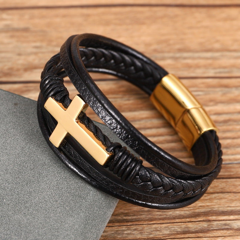 Braided Stainless Steel Cross Bracelet - Multi-Layer Design
