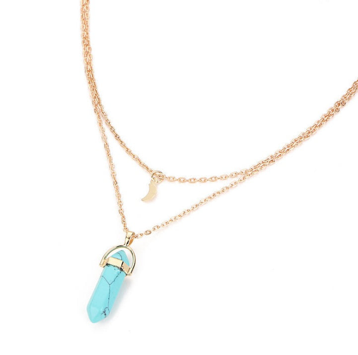 Natural Stone Double-Layer Pendant Necklace – Crescent Moon and Hexagonal Charm