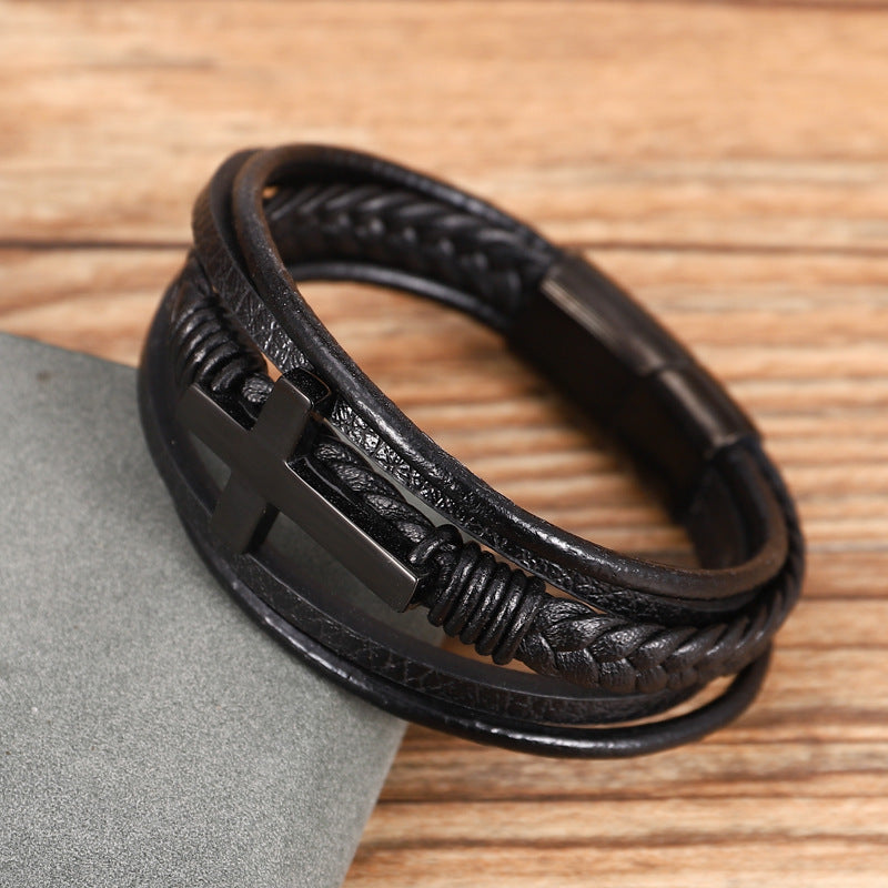 Braided Stainless Steel Cross Bracelet - Multi-Layer Design