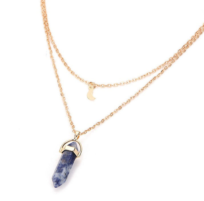 Natural Stone Double-Layer Pendant Necklace – Crescent Moon and Hexagonal Charm