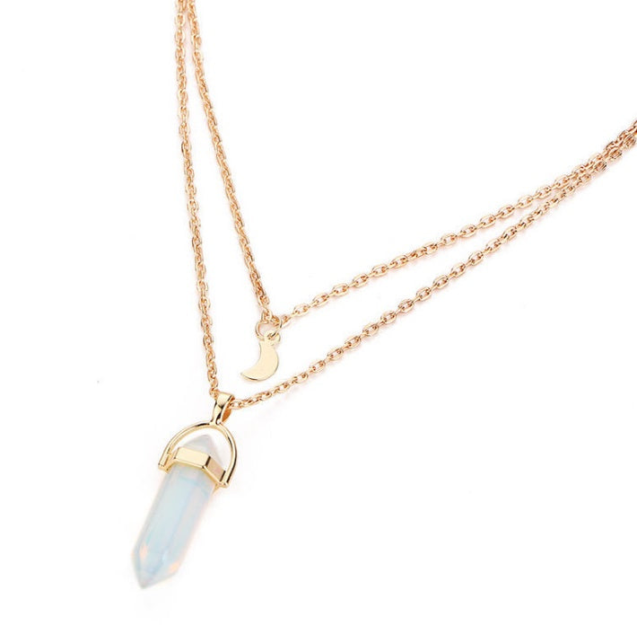 Natural Stone Double-Layer Pendant Necklace – Crescent Moon and Hexagonal Charm