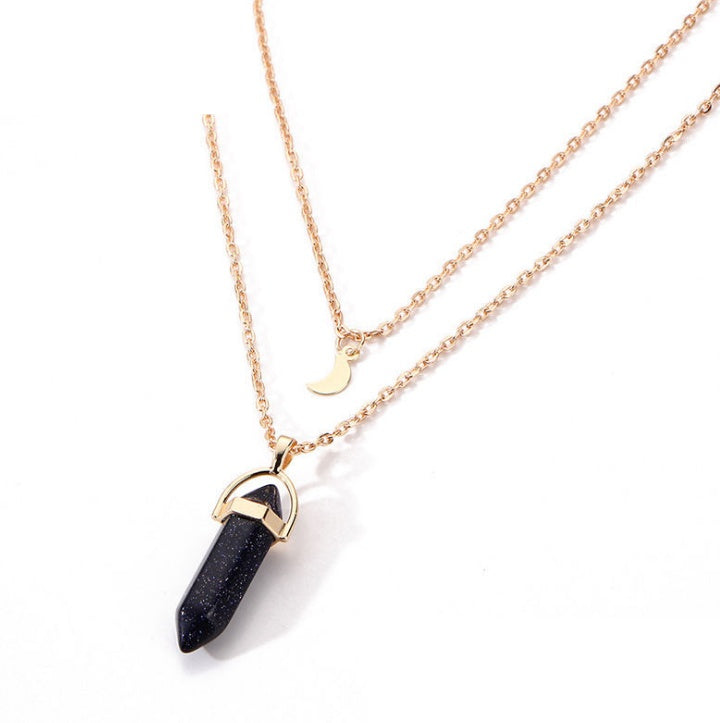 Natural Stone Double-Layer Pendant Necklace – Crescent Moon and Hexagonal Charm