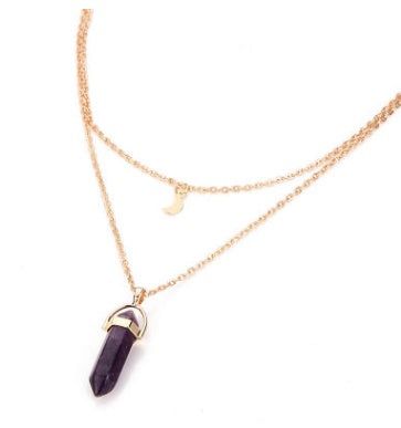 Natural Stone Double-Layer Pendant Necklace – Crescent Moon and Hexagonal Charm
