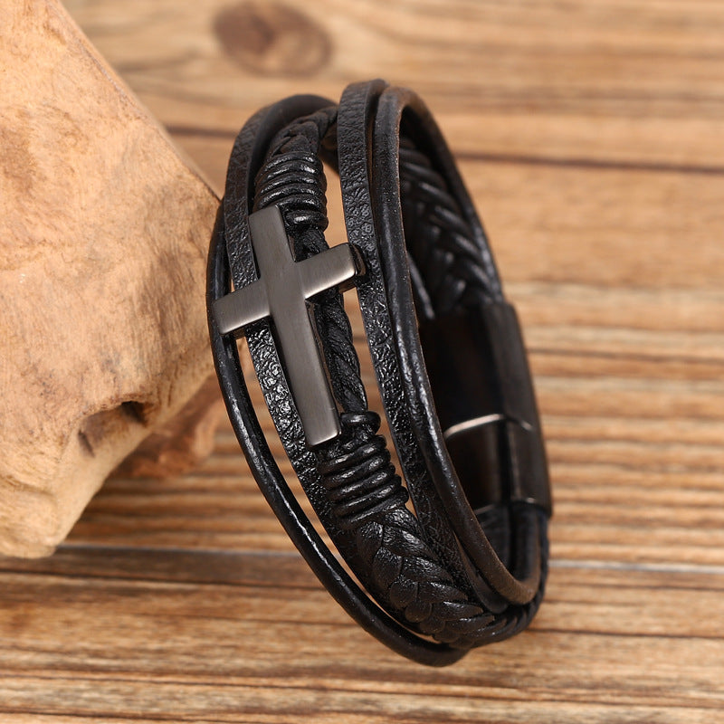 Braided Stainless Steel Cross Bracelet - Multi-Layer Design