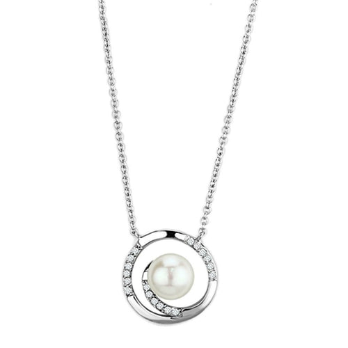 Rhodium-Plated Brass Necklace with White Synthetic Pearl