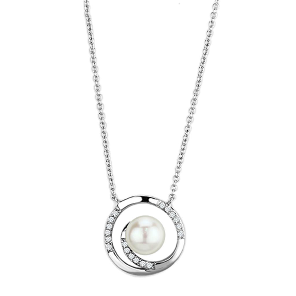 Rhodium-Plated Brass Necklace with White Synthetic Pearl