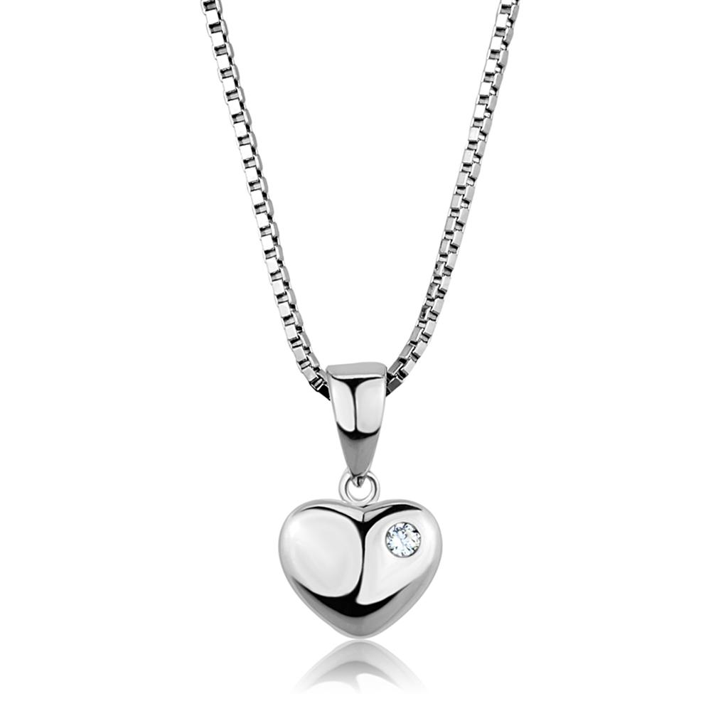 Rhodium-Plated Brass Pendant Necklace with Clear Zirconia