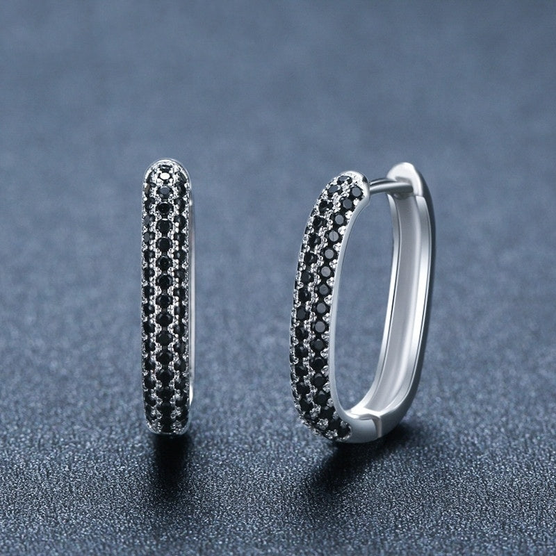 Elegant French-Style Black Zircon Hoop Earrings