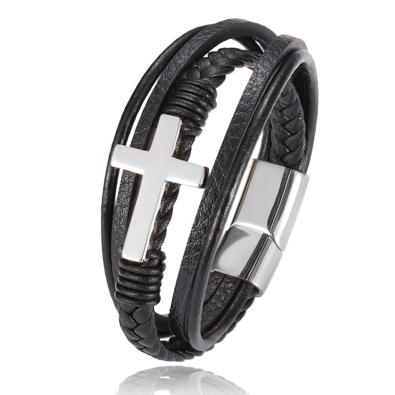 Braided Stainless Steel Cross Bracelet - Multi-Layer Design