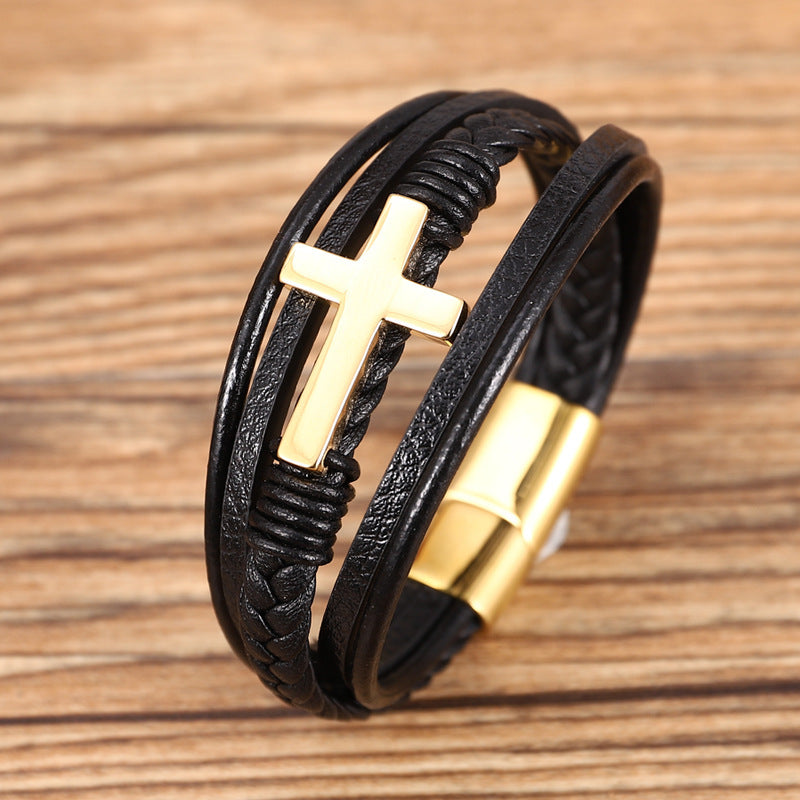 Braided Stainless Steel Cross Bracelet - Multi-Layer Design