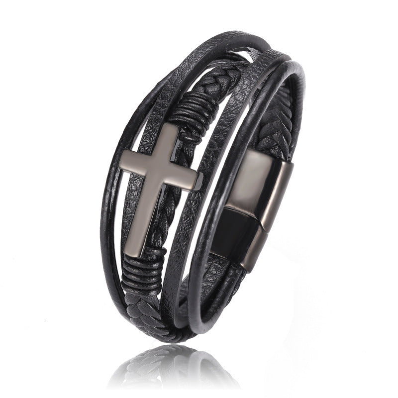 Braided Stainless Steel Cross Bracelet - Multi-Layer Design