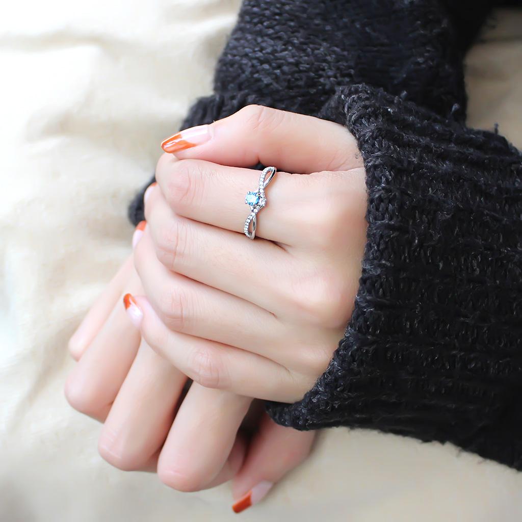 Stainless Steel Ring with Sea Blue Cubic Zirconia