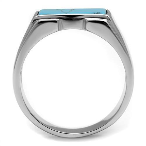 High-Polished Stainless Steel Ring with Sea Blue Imitation Amber