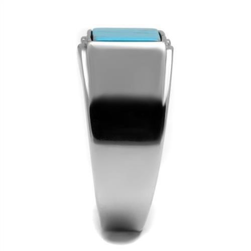 High-Polished Stainless Steel Ring with Sea Blue Imitation Amber