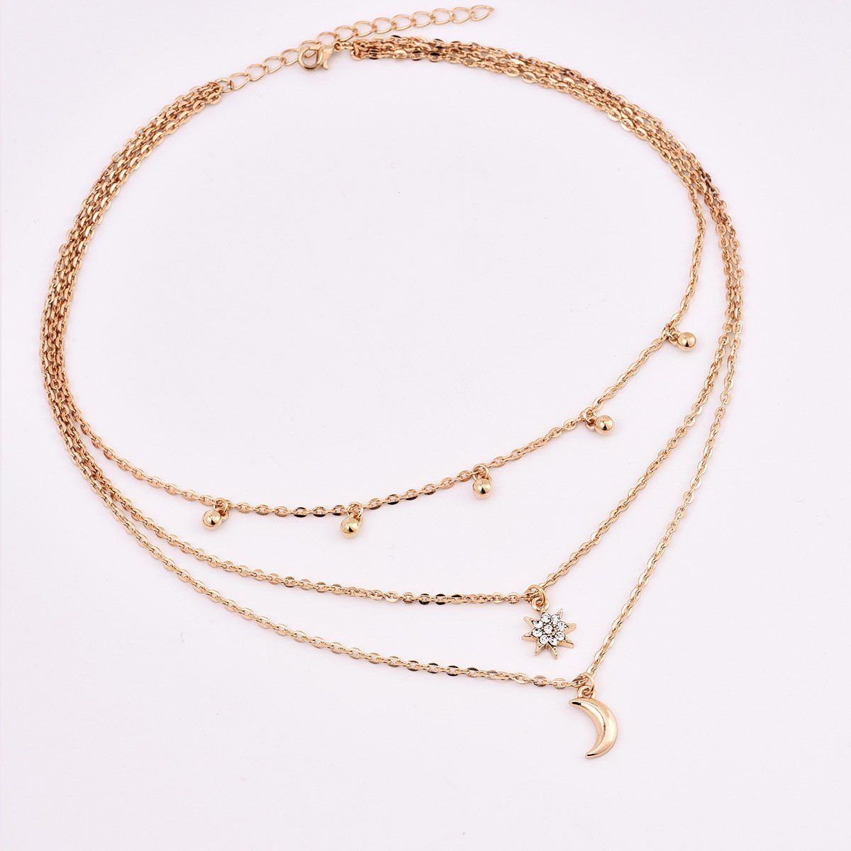 Moon and Star Bead Triple Layer Necklace