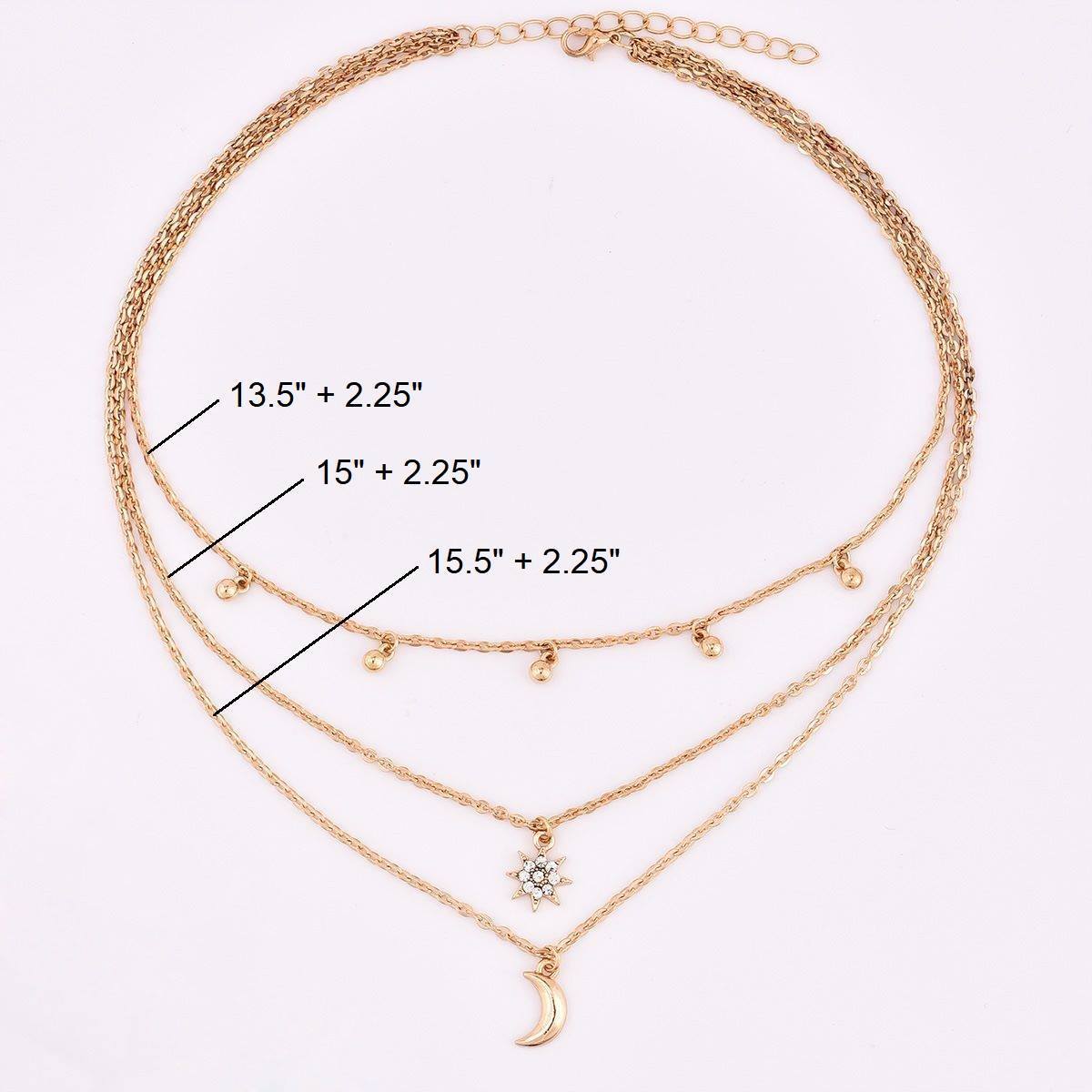 Moon and Star Bead Triple Layer Necklace