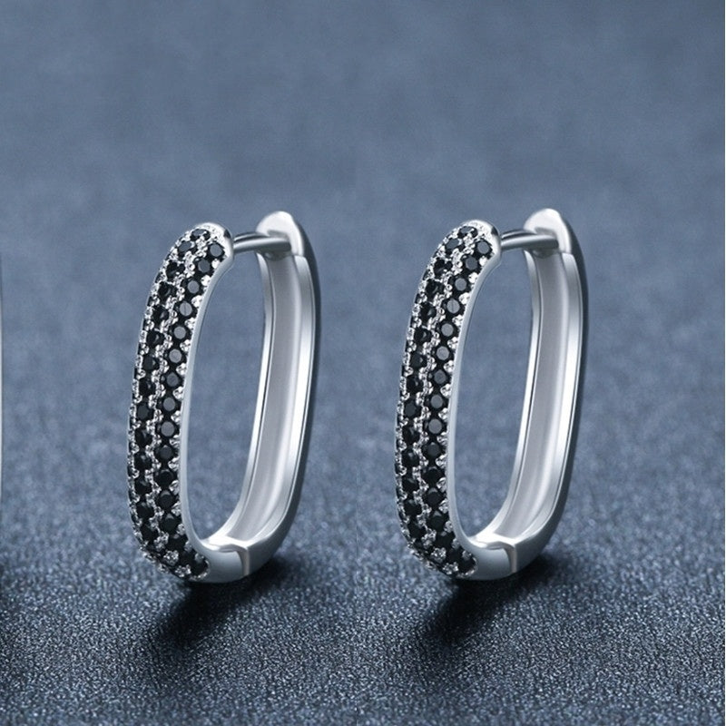 Elegant French-Style Black Zircon Hoop Earrings
