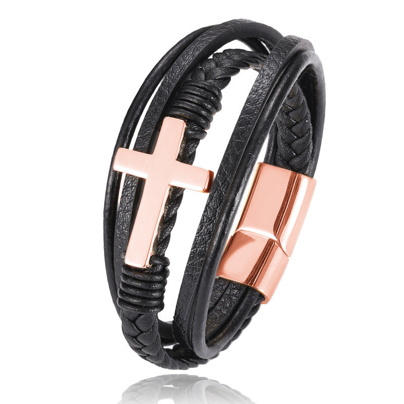 Braided Stainless Steel Cross Bracelet - Multi-Layer Design