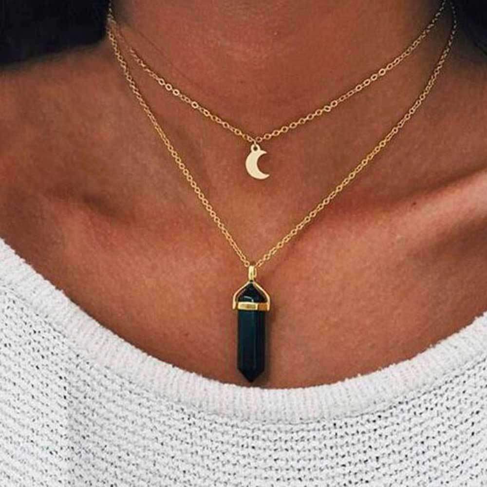 Obelisk Crescent Moon Double Layer Necklace