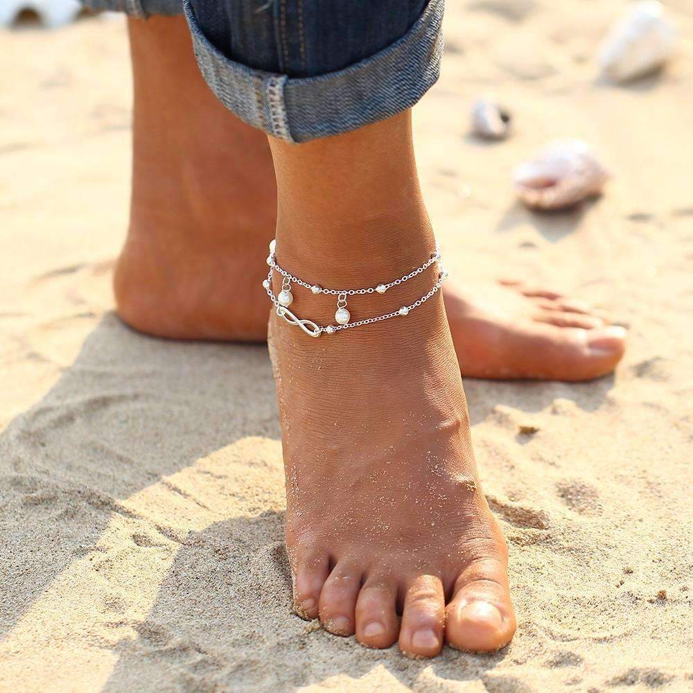 Elegant Infinity Pendant Double-Layer Pearl Anklet