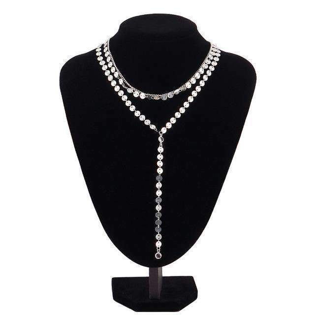 Triple Layer Lariat Necklace with Rhinestone Pendants
