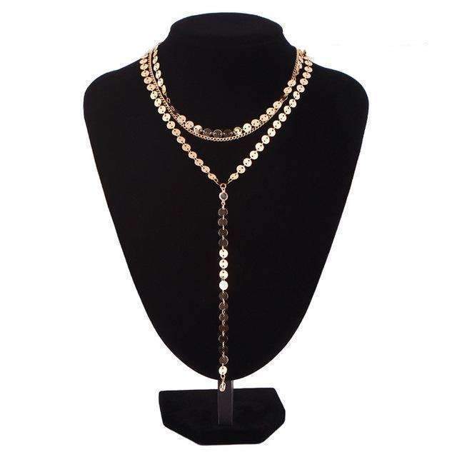Triple Layer Lariat Necklace with Rhinestone Pendants