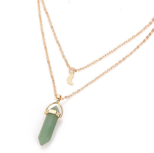 Natural Stone Double-Layer Pendant Necklace – Crescent Moon and Hexagonal Charm