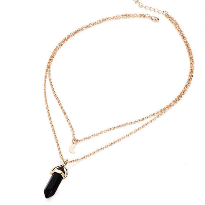 Natural Stone Double-Layer Pendant Necklace – Crescent Moon and Hexagonal Charm