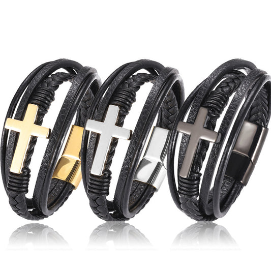 Braided Stainless Steel Cross Bracelet - Multi-Layer Design