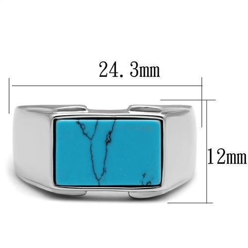 High-Polished Stainless Steel Ring with Sea Blue Imitation Amber