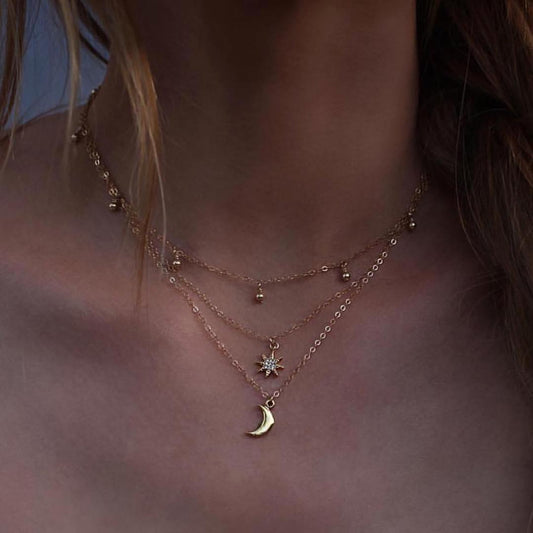 Moon and Star Bead Triple Layer Necklace