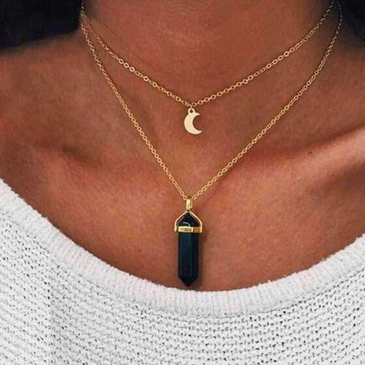 Obelisk Crescent Moon Double Layer Necklace
