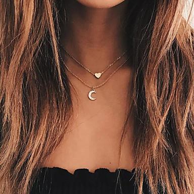 Crystal Crescent Moon and Heart Two-Layer Necklace