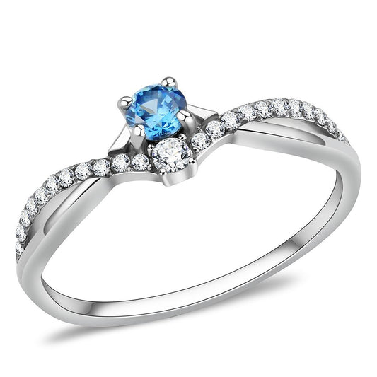 Stainless Steel Ring with Sea Blue Cubic Zirconia