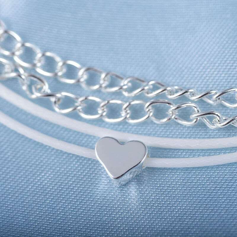 Bohemian Silver Heart Multi-Layer Anklet Set