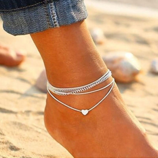 Bohemian Silver Heart Multi-Layer Anklet Set