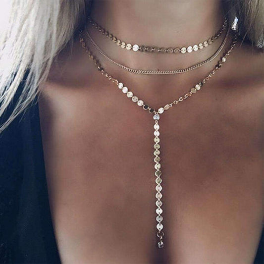 Triple Layer Lariat Necklace with Rhinestone Pendants