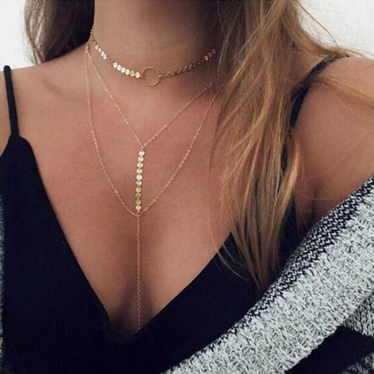 Three Layer Lariat Choker Necklace with Coin Accents