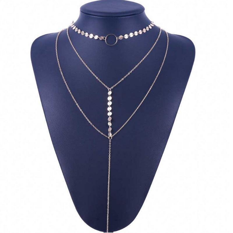 Three Layer Lariat Choker Necklace with Coin Accents