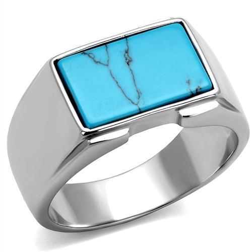 High-Polished Stainless Steel Ring with Sea Blue Imitation Amber